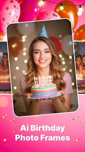AI Birthday Photo Frames app home screen featuring woman with party hat holding colorful birthday cake on pink festive background