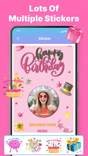 Phone screen displaying Happy Birthday stickers for photo decoration including party, food, music, and celebration elements