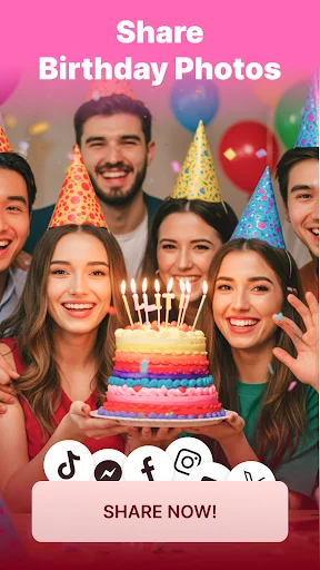 Share birthday photos screen with celebration group, colorful cake, and social media sharing buttons and SHARE NOW option