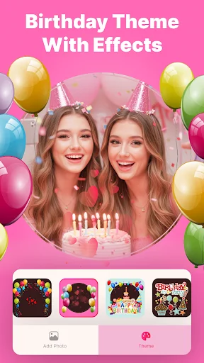 Birthday theme editor with two women in circular frame surrounded by colorful balloons and preset theme selection options