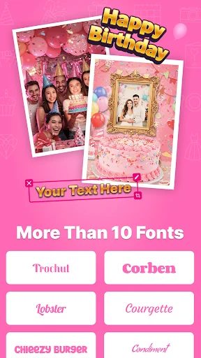 Birthday photo text customization screen displaying more than 10 decorative fonts including Corbel, Lobster, and Courgette styles