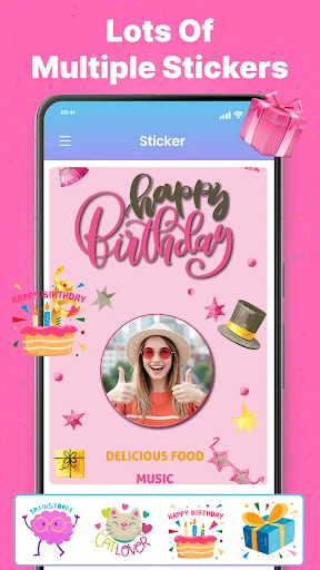 Birthday photo sticker editor interface with Happy Birthday text, user photo, and multiple decorative birthday-themed sticker options