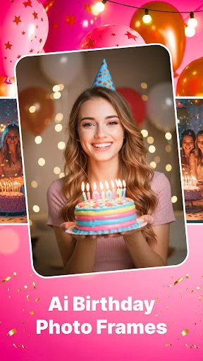 Girl wearing party hat holding rainbow birthday cake against bokeh lights - AI Birthday Photo Frames app home screen