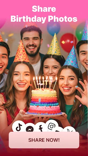 Group of friends in party hats around colorful birthday cake with Share Now button and social media sharing icons