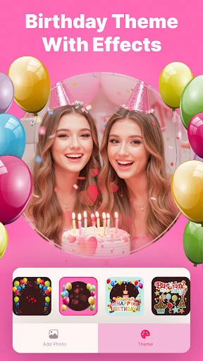 Two women with party hats surrounded by colorful balloons with birthday cake and photo frame effect selection options