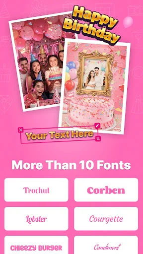 Birthday photo frames with Happy Birthday text styling and customizable fonts including Trochut, Corben, and Lobster
