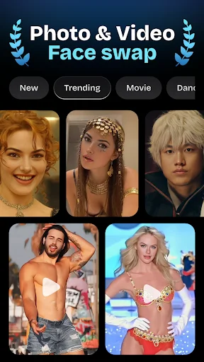 AI Face Swap app home screen showing photo and video face swap gallery with New, Trending, Movie, and Dance filters