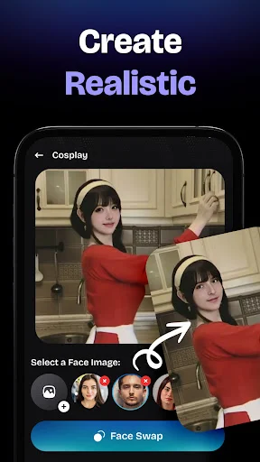 Create realistic cosplay face swap - video interface with face selection and AI swapping