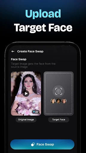 Upload target face to create AI face swap - original and target image selection screens