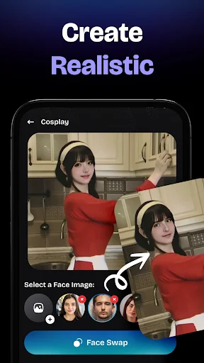 Create realistic face swap interface with cosplay example showing face selection tool and Face Swap button