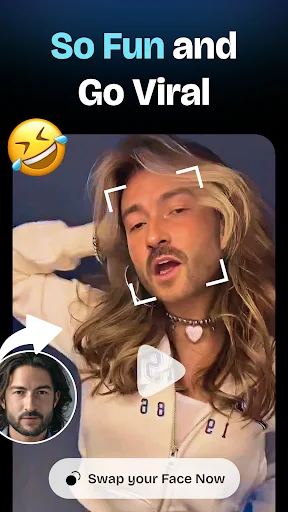 Fun gender swap feature showing man's face swapped onto woman with long hair, Swap your Face Now button visible