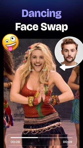 Dancing face swap demo showing blonde woman in red outfit with male face overlay and emoji reactions