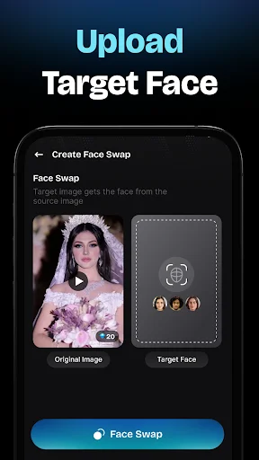 Upload target face screen showing original bridal image and target face upload placeholder with Face Swap button