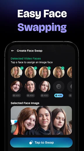 Easy face swapping interface with detected video faces in horizontal scroll and selected face image preview