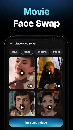 Movie face swap library screen displaying video templates with play buttons and New, Movie, Trending, Dance tabs