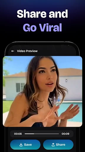 Share and go viral screen showing face swap video preview with Save and Share buttons at 8 seconds duration