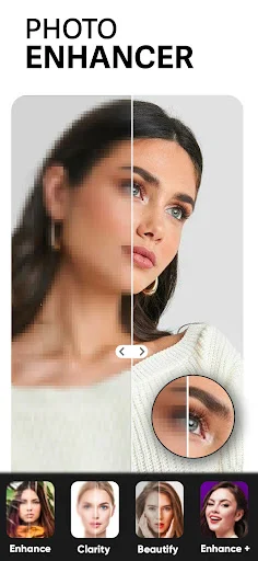 AI photo enhancer with split-screen before/after preview and enhancement slider for image quality improvement
