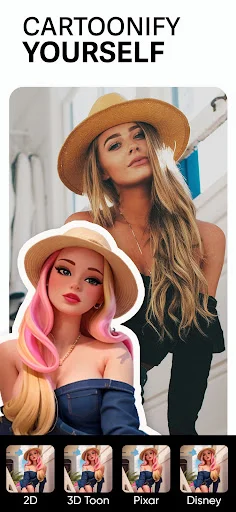 Cartoonify yourself feature with multiple cartoon styles including 2D, 3D Toon, Pixar, and Disney effects