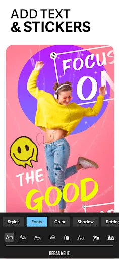 Text and stickers feature for adding customizable text, fonts, colors, shadows, and decorative elements