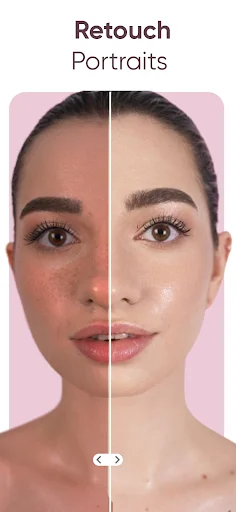 Portrait retouching tool: before-after showing blemished skin retouched to smooth, flawless complexion