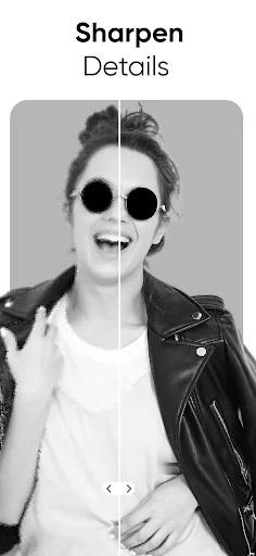 Photo sharpening tool: before-after showing blur enhanced to crisp, sharp, detailed image