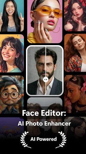 Face Editor AI Photo Enhancer app showcase displaying portrait grid with AI-powered face editing features and transformations