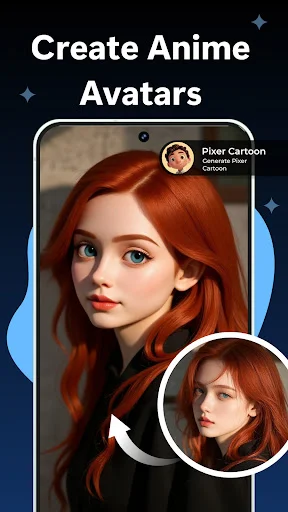 Create Anime Avatars feature converting real portrait photo into pixel art cartoon character with stylized red-haired anime girl example