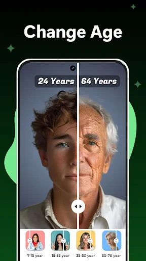 Change Age feature showing side-by-side comparison of person at 24 years versus 66 years old with age selection slider controls