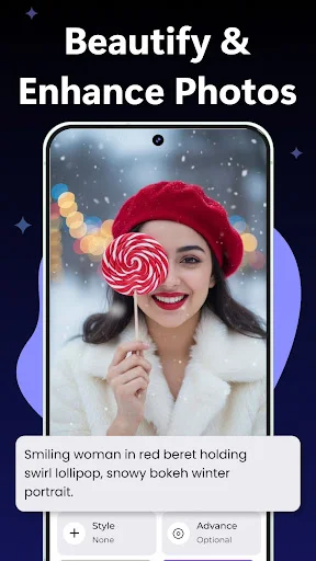 Beautify and Enhance Photos tool displaying portrait with winter bokeh background and Style, Advance editing option buttons available