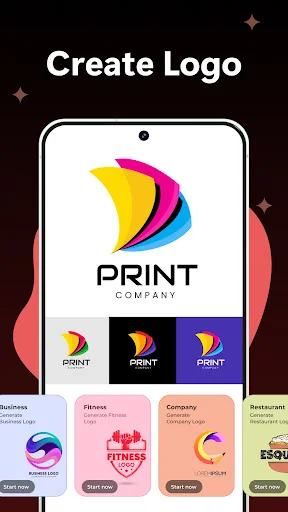 Create Logo feature showcasing colorful business logo designs with category filters for business, fitness, company, and restaurant types