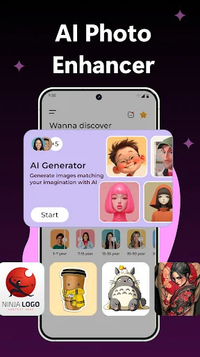 AI Photo Enhancer mobile interface displaying AI Generator feature with grid of generated images and avatar transformation examples