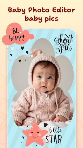 Baby photo editor app screenshot showing infant with decorative stickers and frames like sweet girl and little star