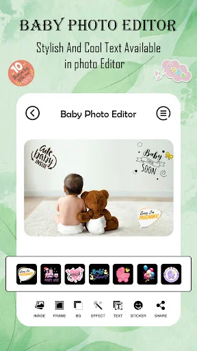 Baby photo editor text tool displaying stylish fonts and cool text options for decorating baby pictures