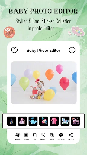 Baby photo sticker collection showing colorful balloon decorations and themed sticker options for editing