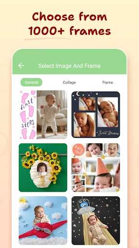 Baby photo editor frame selection screen displaying 1000+ templates including collage, sunflower, and themed layouts
