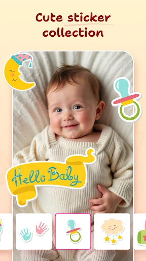 Cute sticker collection screen in baby photo editor with Hello Baby text and pacifier, handprint stickers
