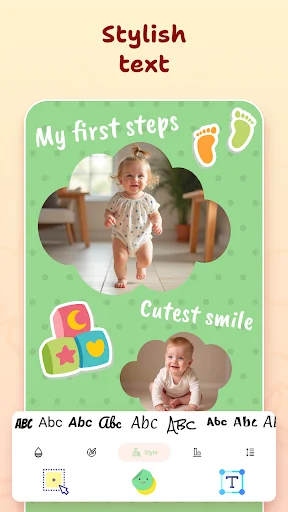 Stylish text editing feature showing baby photos with My first steps and Cutest smile captions and footprint graphics