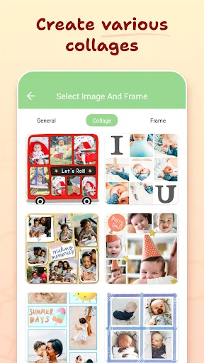 Baby photo collage maker screen showing various frame templates including bus, letter, and grid layout options