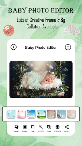Baby photo frame editor with sleeping newborn in nature scene and creative background collection available