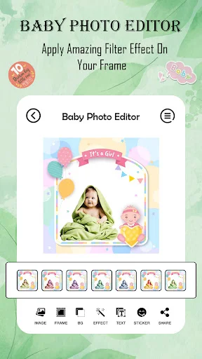 Baby photo filter effects screen showing It's a Boy frame with balloons and baby stickers applied to image