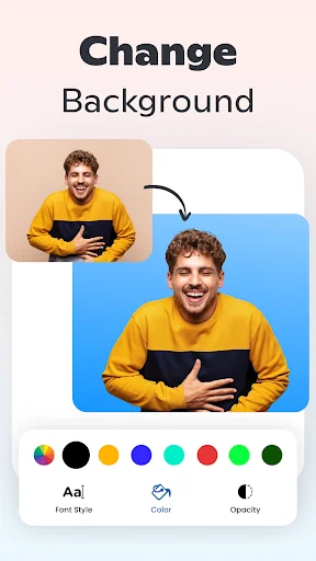 Change Background feature displaying portrait with custom blue background and color palette editing options