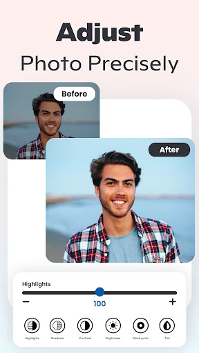 Adjust Photo Precisely with before-and-after comparison, highlights slider, and photo editing adjustment tools