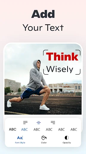 Add Your Text feature showing text overlay on photo with font styles, color, and opacity customization options