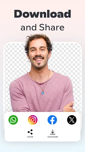Download and Share feature enabling social media export to WhatsApp, Instagram, Facebook, and X platforms