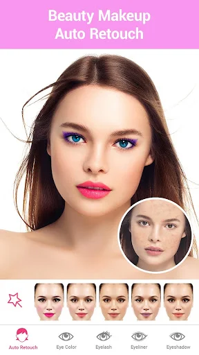 Beauty Makeup Auto Retouch feature with before/after comparison showing lipstick and eye makeup filters