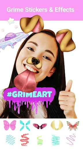 Grime Stickers & Effects feature displaying dog filter with tongue out and decorative sticker options