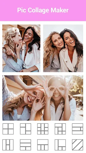 Pic Collage Maker interface showing multiple photo layout templates for creating photo grids