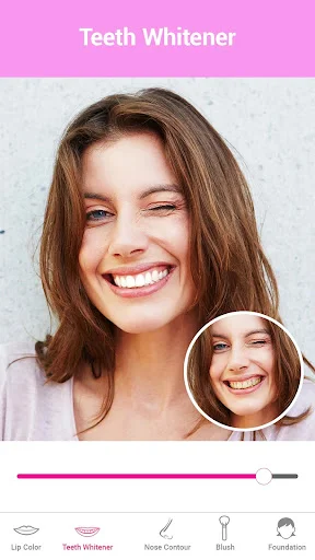 Teeth Whitener tool with intensity slider for brightening smile in beauty camera app