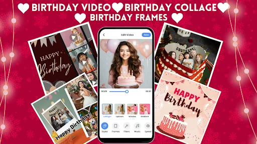 Birthday Video Maker app interface on smartphone displaying video templates and collage frames with birthday photo editing options