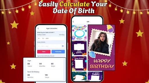 Age Calculator feature in Birthday Video Maker app with date input fields and birthday age calculation display for personalized videos